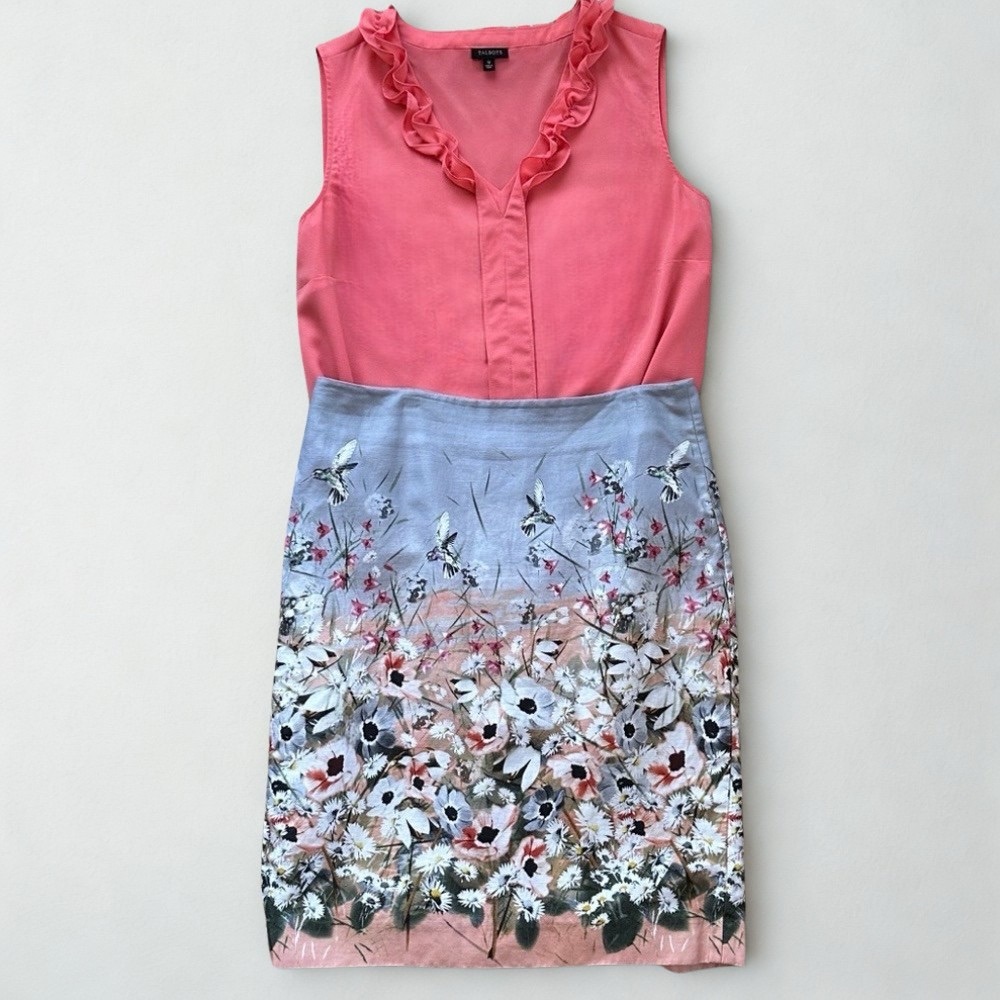 Talbots Floral Hummingbird Pencil Skirt Size 10 Cotton Linen Lined - Picture 3 of 7